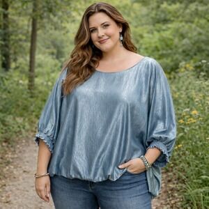 GIULIANA BLACK LABEL Woman Top Plus 3X Blue Metallic Crinkle Dolman Boho Classic